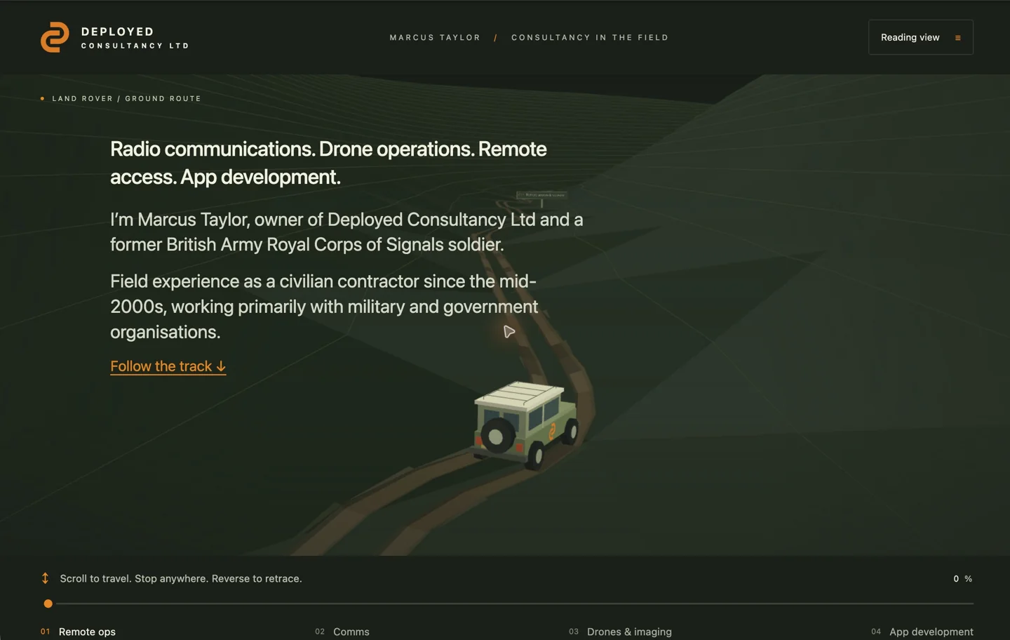 Deployed Consultancy’s custom 3D landscape with a Land Rover following the track