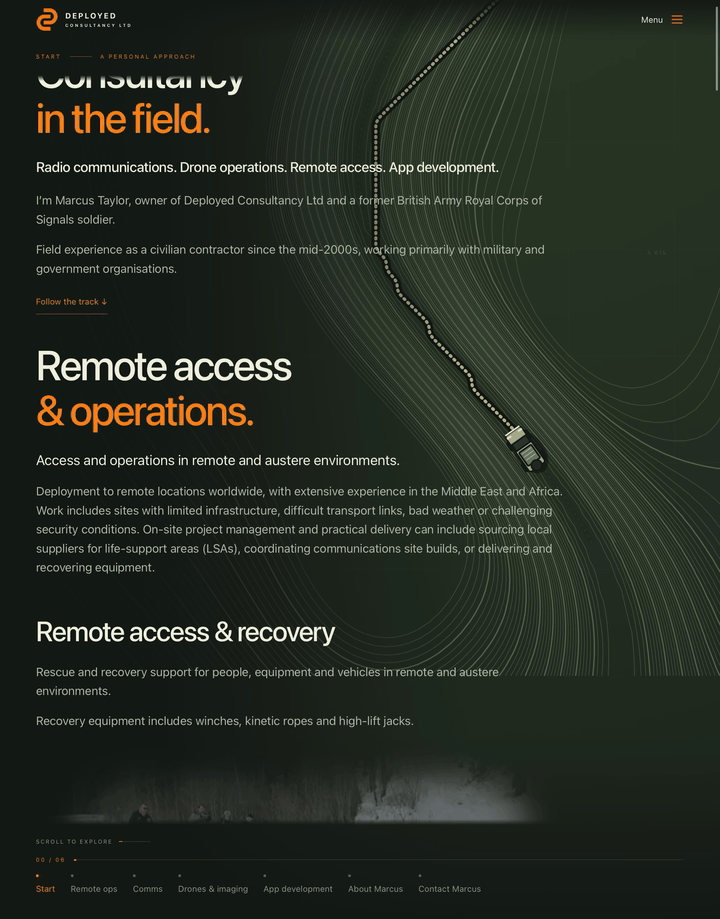 Animated website journey with a Land Rover following a contoured landscape