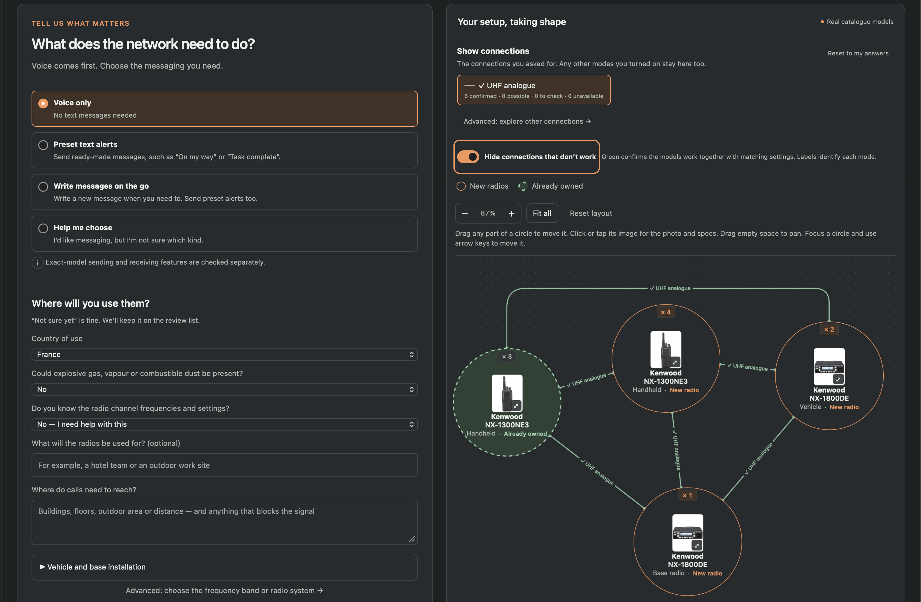 DCshop’s guided radio planner showing requirements and a compatibility map connecting existing handhelds, new handhelds, vehicle radios and a base radio