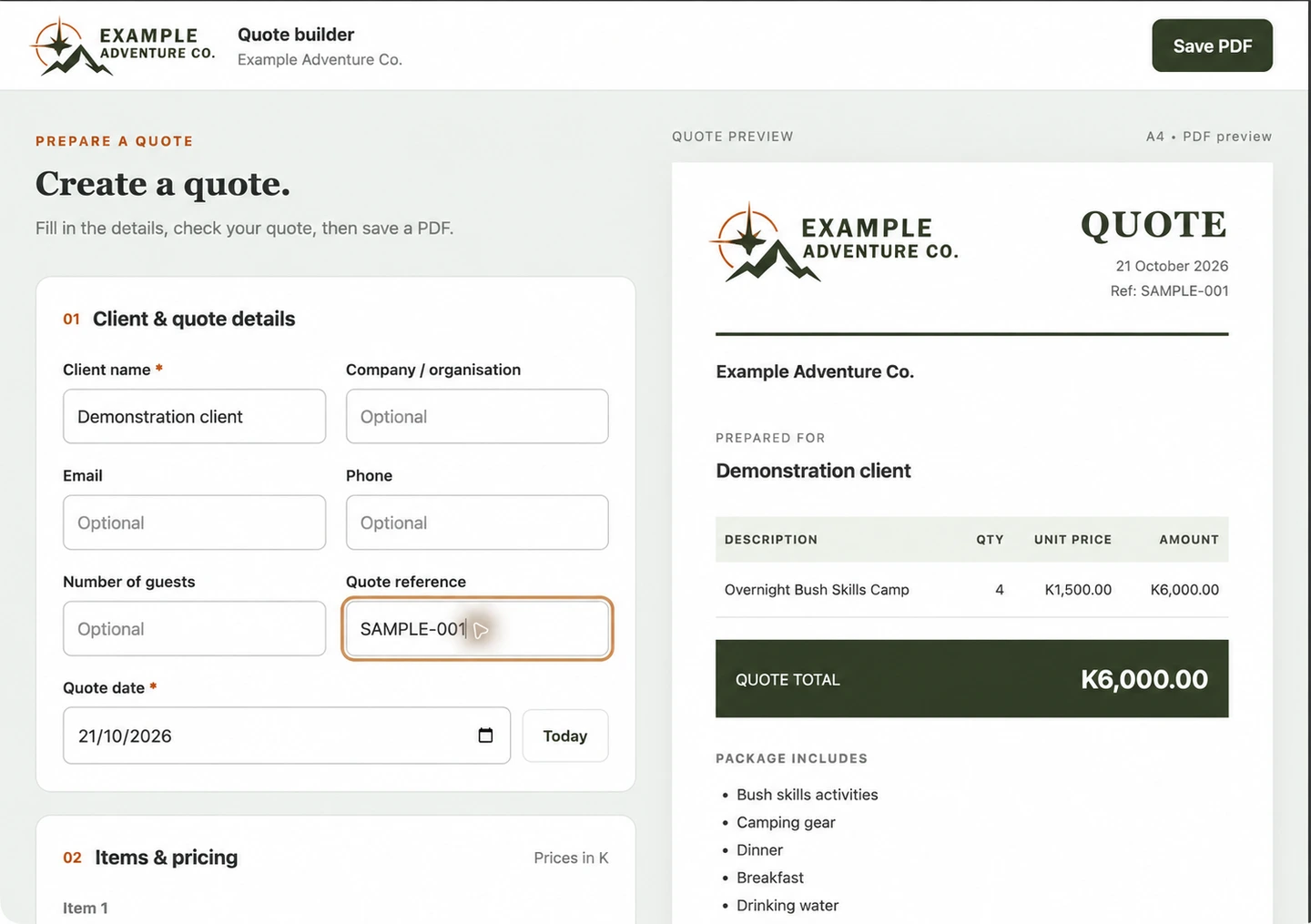 A quote builder and branded PDF preview for the fictional Example Adventure Co., using sample client details